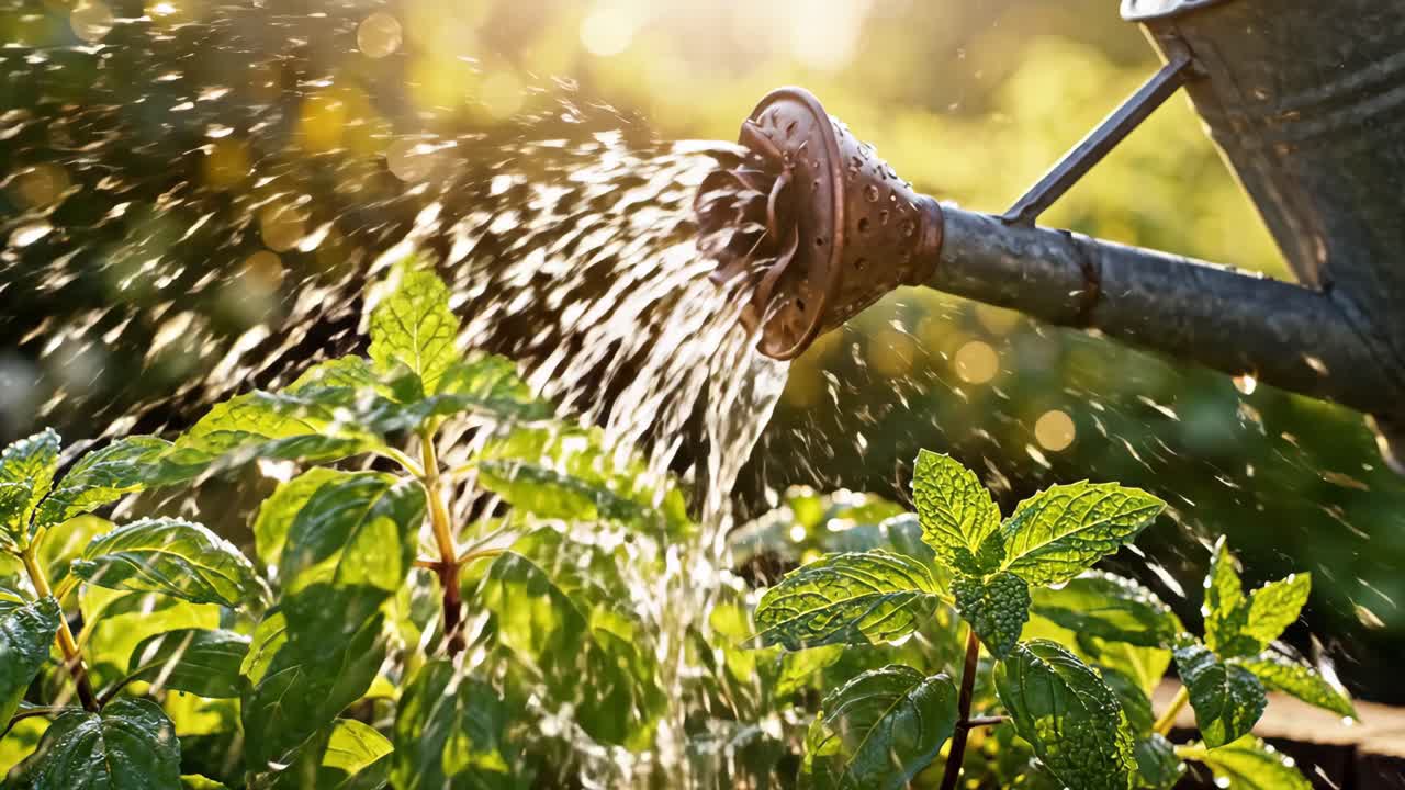 Watering Mint Plants in the Garden