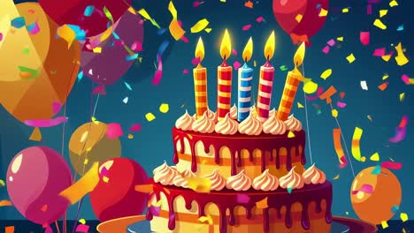 Chocolate birthday cake with lit candles surrounded by colorful balloons, vibrant confetti falling against dark blue background, celebrating festive moment