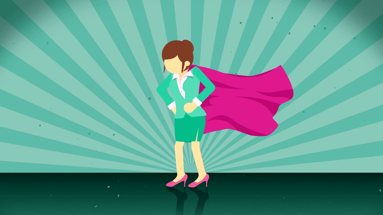 superhéroe de pie en el fondo de la explosión solar. fondo de rayos de sol. concepto de mujer de negocios. animación de bucle cómico.