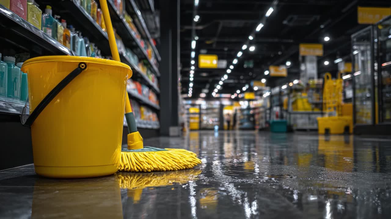 A Vivid Display of Cleanliness in an Aisle Filled with Colorful Products, Featuring a Yellow Mop and Bucket on a Reflective Floor
