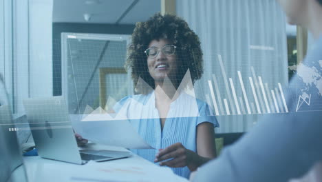 reviewing documents, businesswoman analyzing data with animation overlay in office