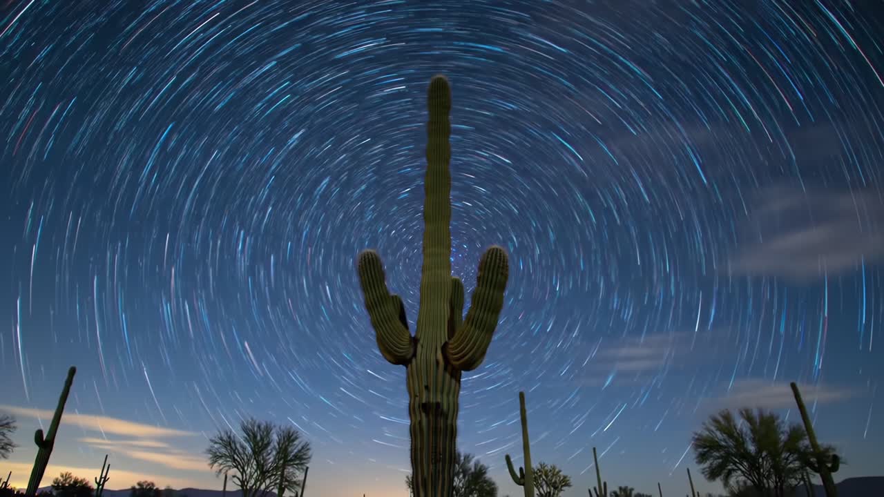 An Enchanting Starlit Night: Capturing the Majestic Saguaro Cactus Under the Celestial Spin of Time-Lapse Star Trails in the Desert Landscape