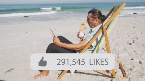 Animation-of-speech-bubble-with-thumbs-up-icon-and-numbers,-man-with-tablet-in-deckchair-on-beach