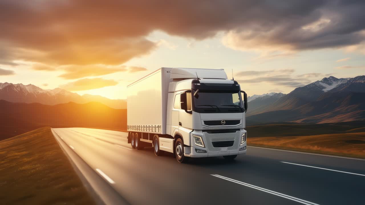 Vista aerea di un camion bianco su un'autostrada panoramica al tramonto, che cattura l'essenza di un viaggio