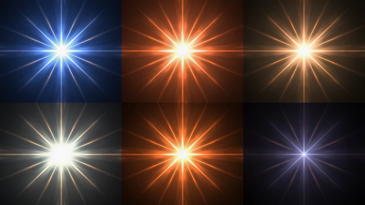 Opening starburst lens flare grid intensifying beams, brightening lower-left, pulsing in dark void