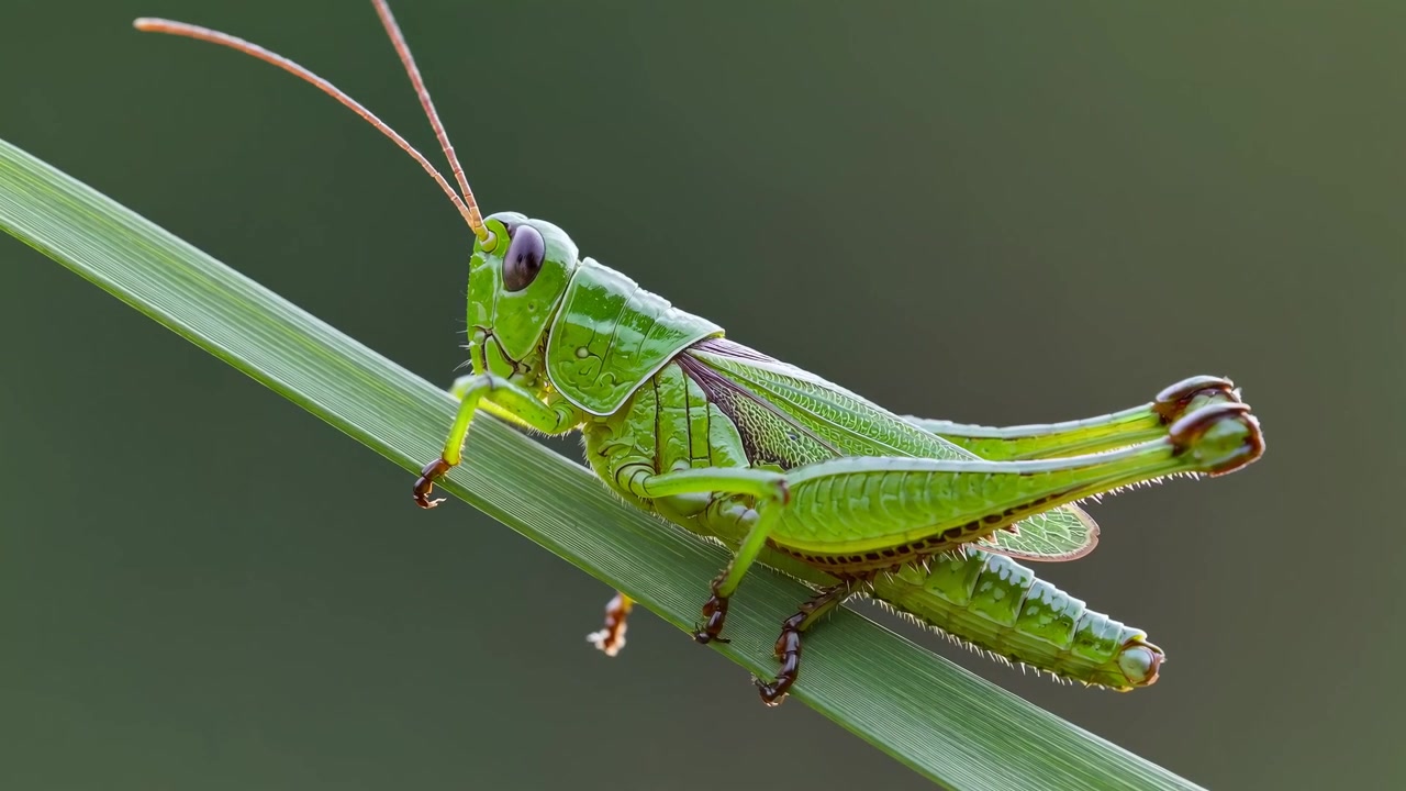 La cavalletta verde appollaiata su un filo d'erba