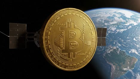 a striking visual of a bitcoin imagery in orbit, capturing the essence of digital currency against the backdrop of earth, illustrating the future of finance in space