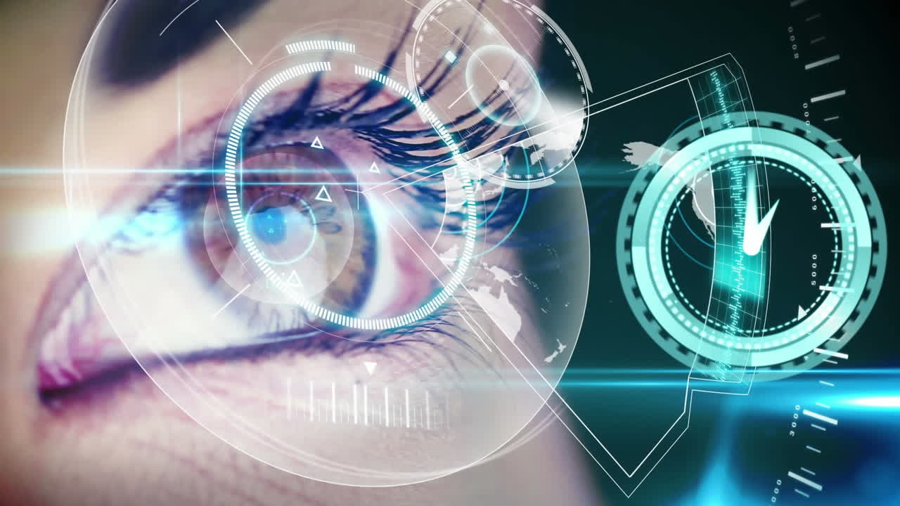 여성의 눈 위에 있는 디지털 인터페이스와 시계의 애니메이션