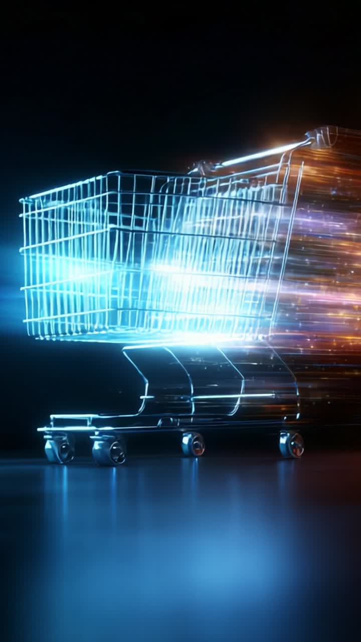 A Futuristic Shopping Cart Gliding Through a Colorful Digital Environment with Light Trails, Symbolizing Modern Retail and Online Shopping Experiences