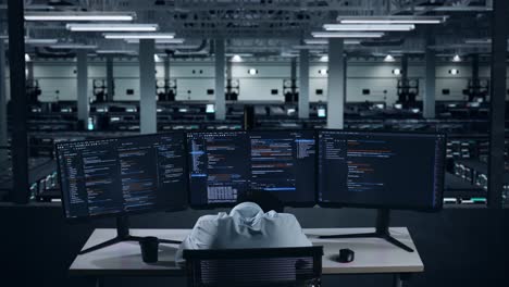 back view of tired asian man developer sleeping while write code with multiple computer screens in data center