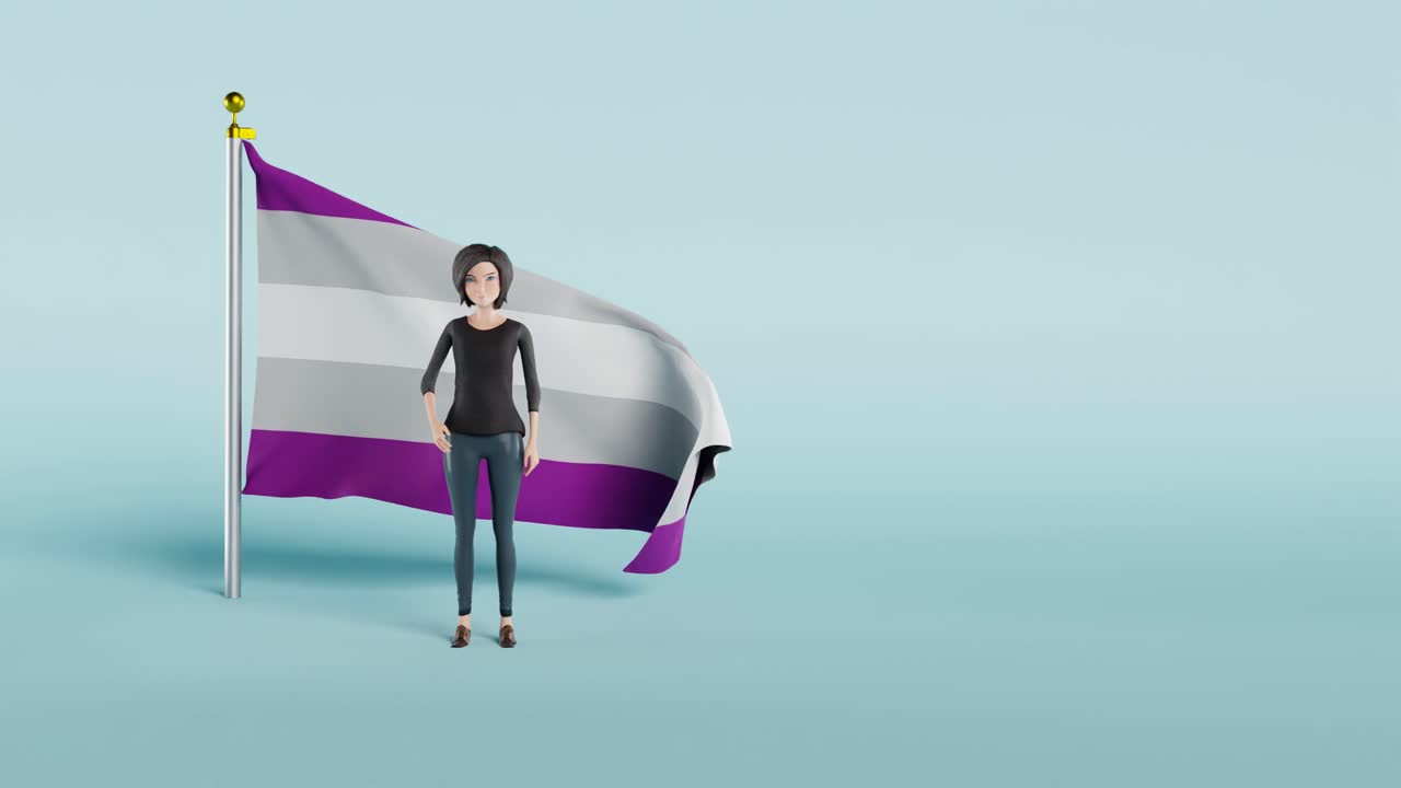 Woman standing in front of the greysexual pride flag while waving her hand in a blue background 4K