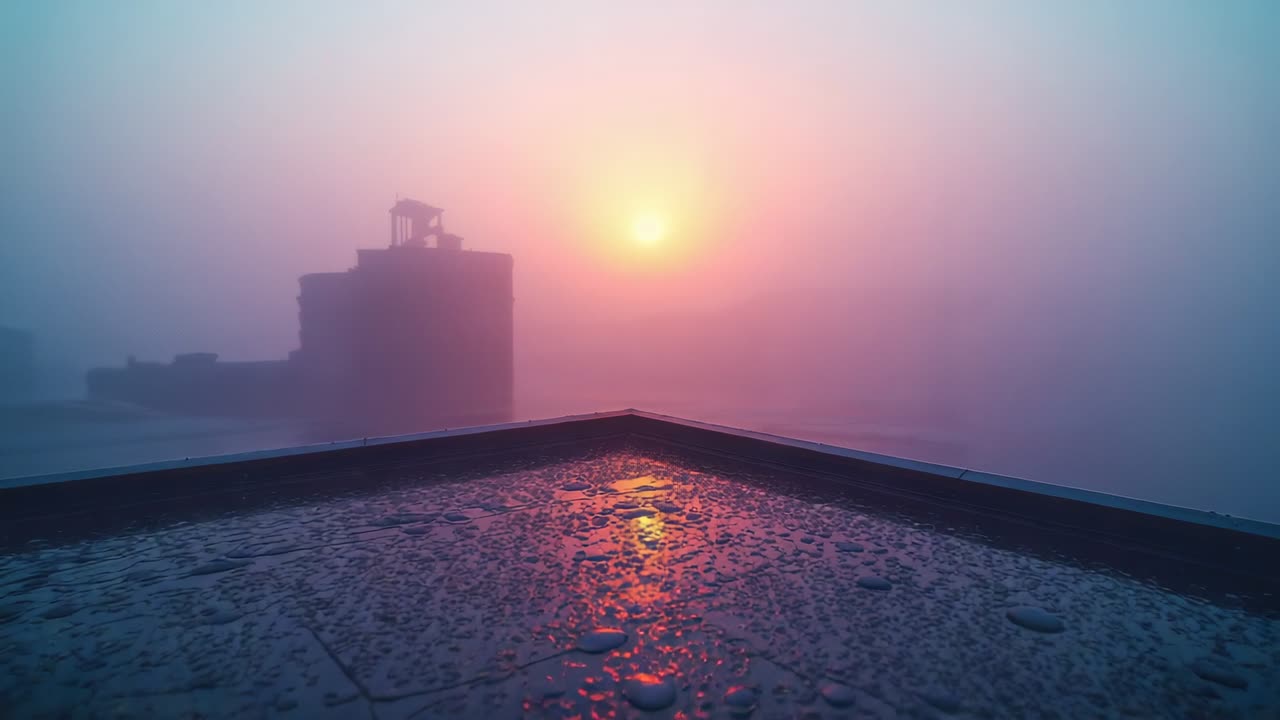 Starting rooftop corner showing sun rising through fog and reflecting on puddled roof, marking dawn