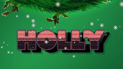 animación de texto de acebo sobre la nieve que cae y el abeto sobre fondo verde en navidad