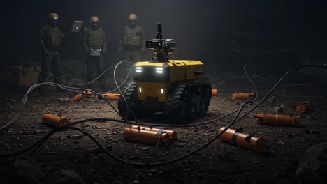 advanced robotics in action: a tactical robot navigating a hazardous environment with explosive devices and supporting operators in a critical mission