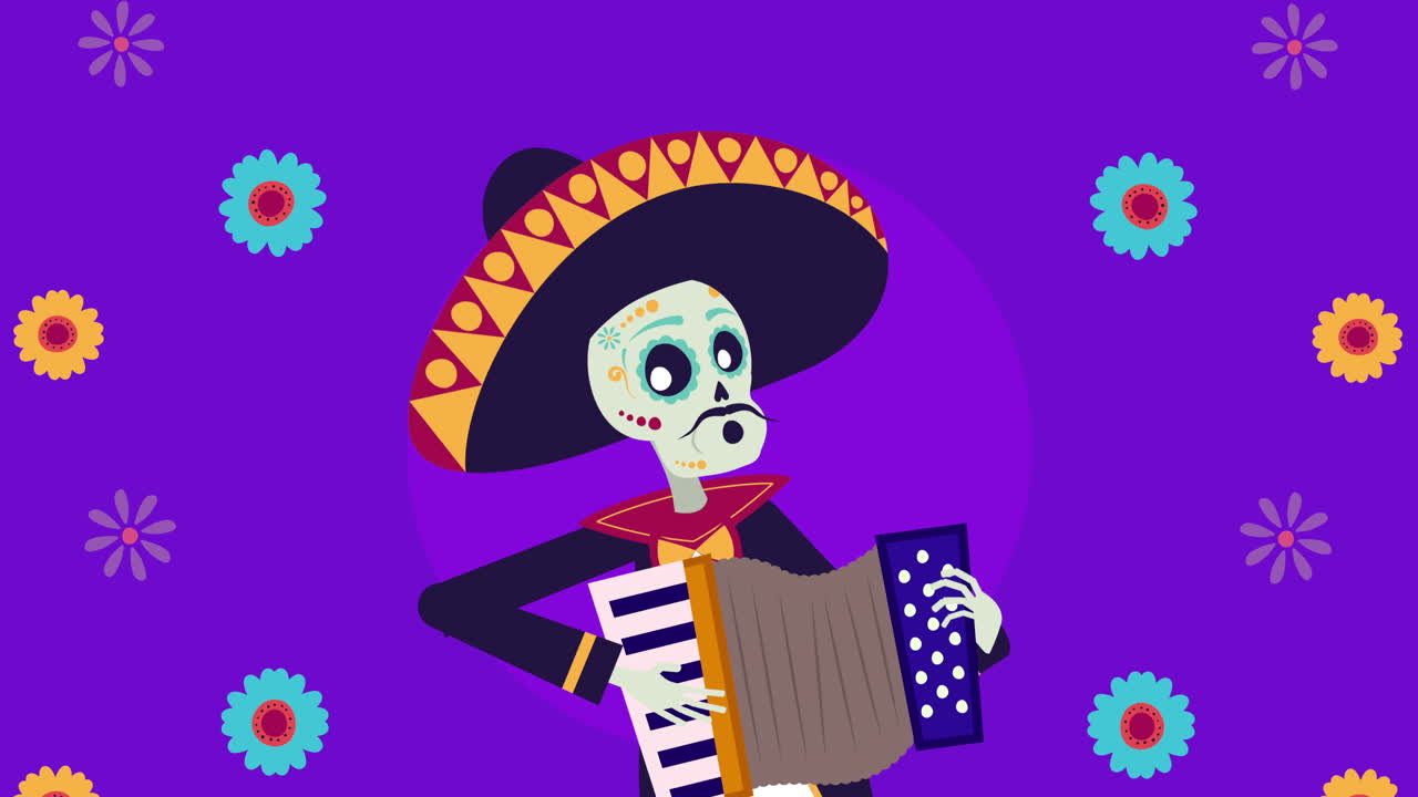 viva méxico animación con cráneo de mariachi tocando el acordeón