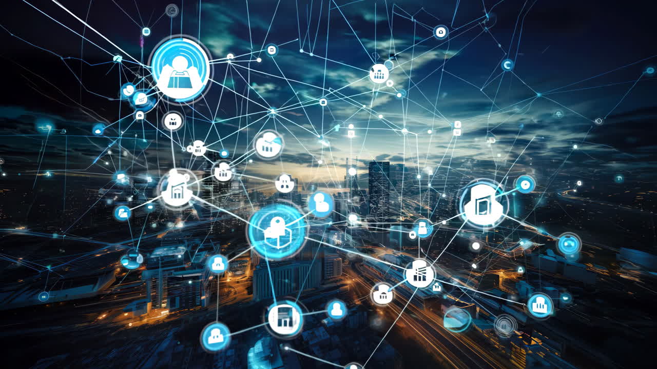 A cityscape with a lot of lights and a lot of dots. The dots are connected to each other and to the city. Scene is one of excitement and energy