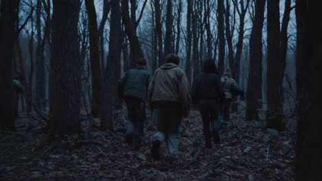group walking through a dark forest at night