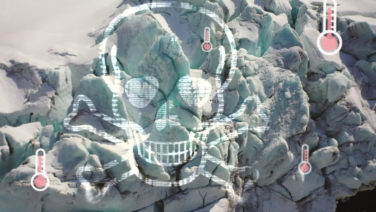 죽음의 머리 동작 그래픽 - 온도 열 기호로 북극에서 녹는 빙산 빙하를 보여주는 공중 비행