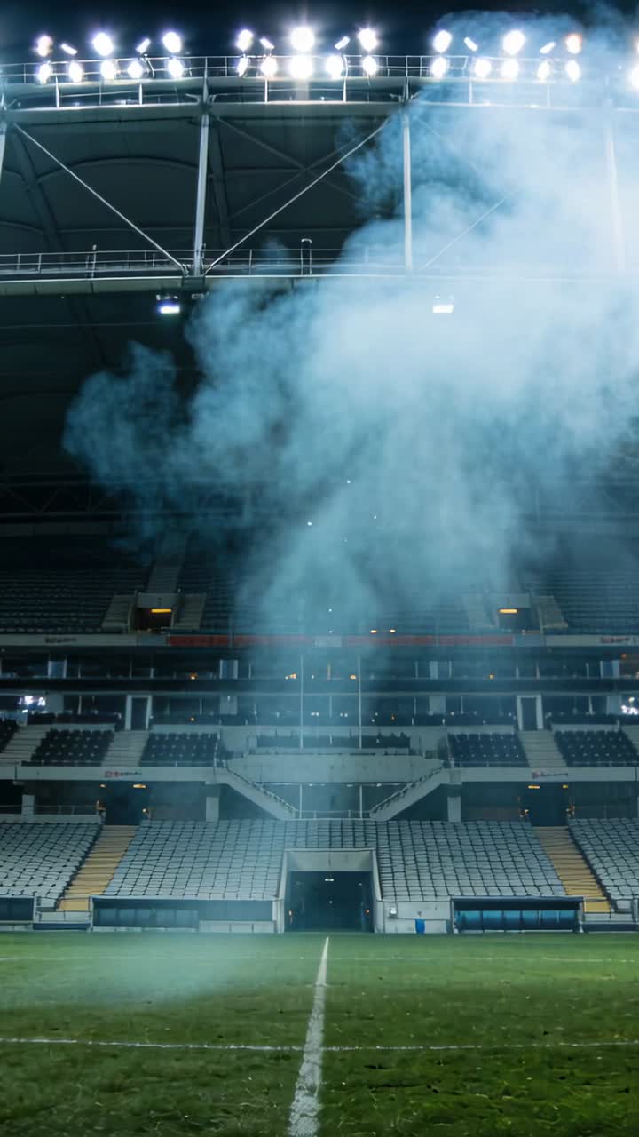 Video verticale: Colonna di fumo blu che sale dalla linea centrale del campo in uno stadio sportivo, oscurando le tribune.
