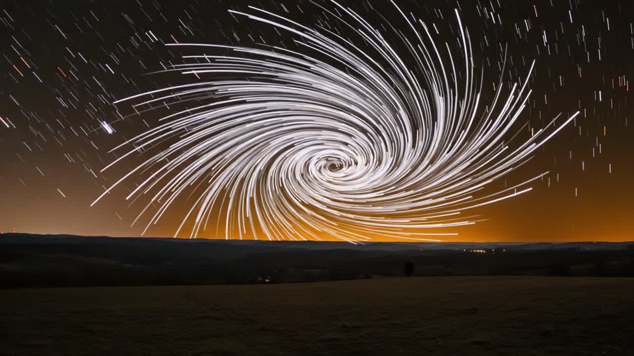 A Mesmerizing Display of Celestial Movement: A Captivating Time-Lapse Photograph of Star Trails Forming a Spiraling Vortex Over a Darkening Horizon at Dusk