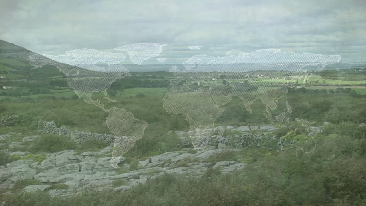 Rural landscape animating with stone walls and rocky outcrops across green fields under cloudy sky