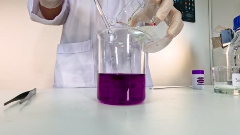 a scientist demonstrates a chemical reaction causing a color change in a beaker over 45 seconds
