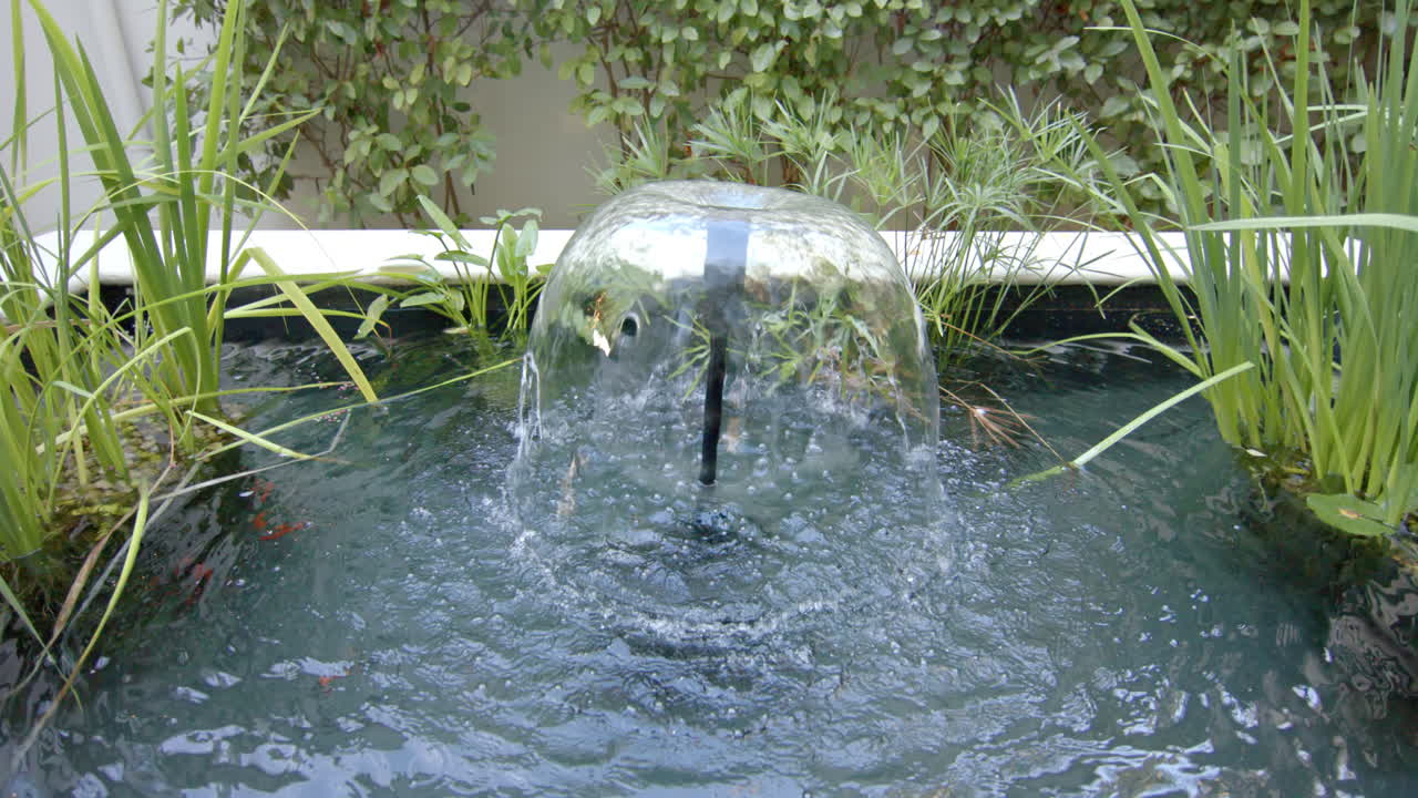 Water bubbling over smooth, reflective sphere in a garden pond