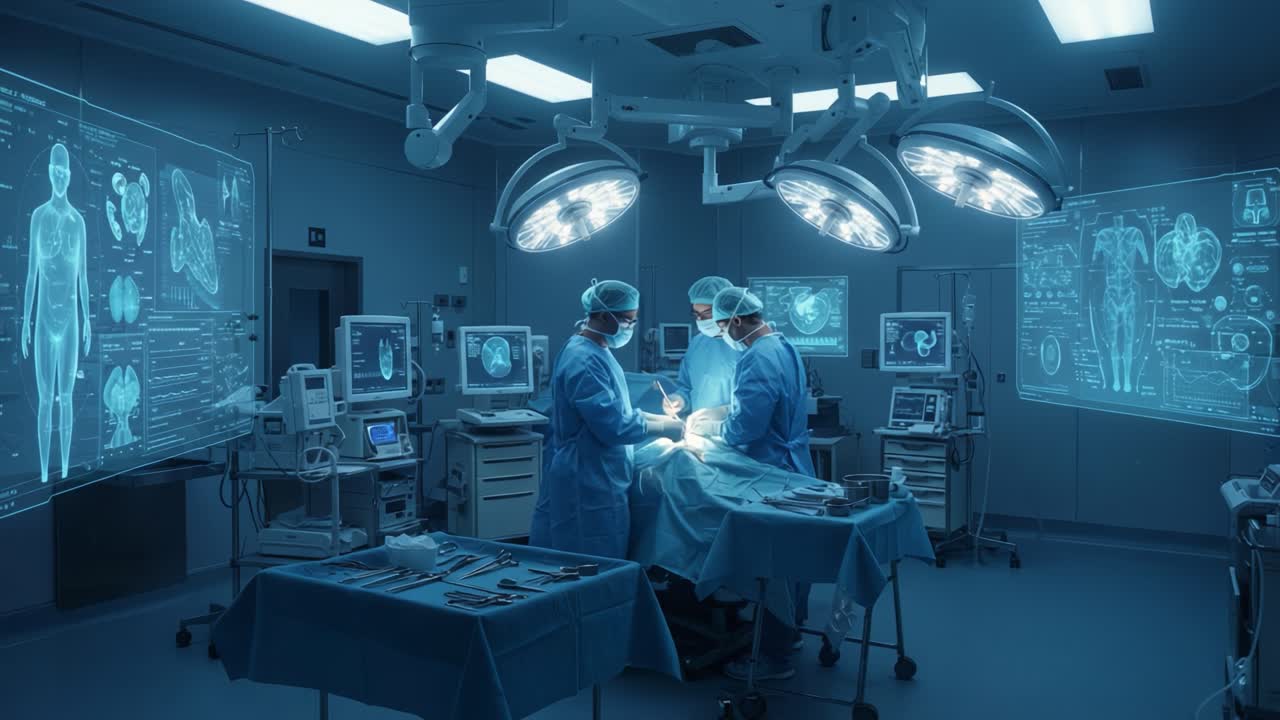 In a modern operating room, two skilled surgeons perform a complex procedure under bright surgical lights, surrounded by advanced medical technology and holographic displays, showcasing precision in healthcare