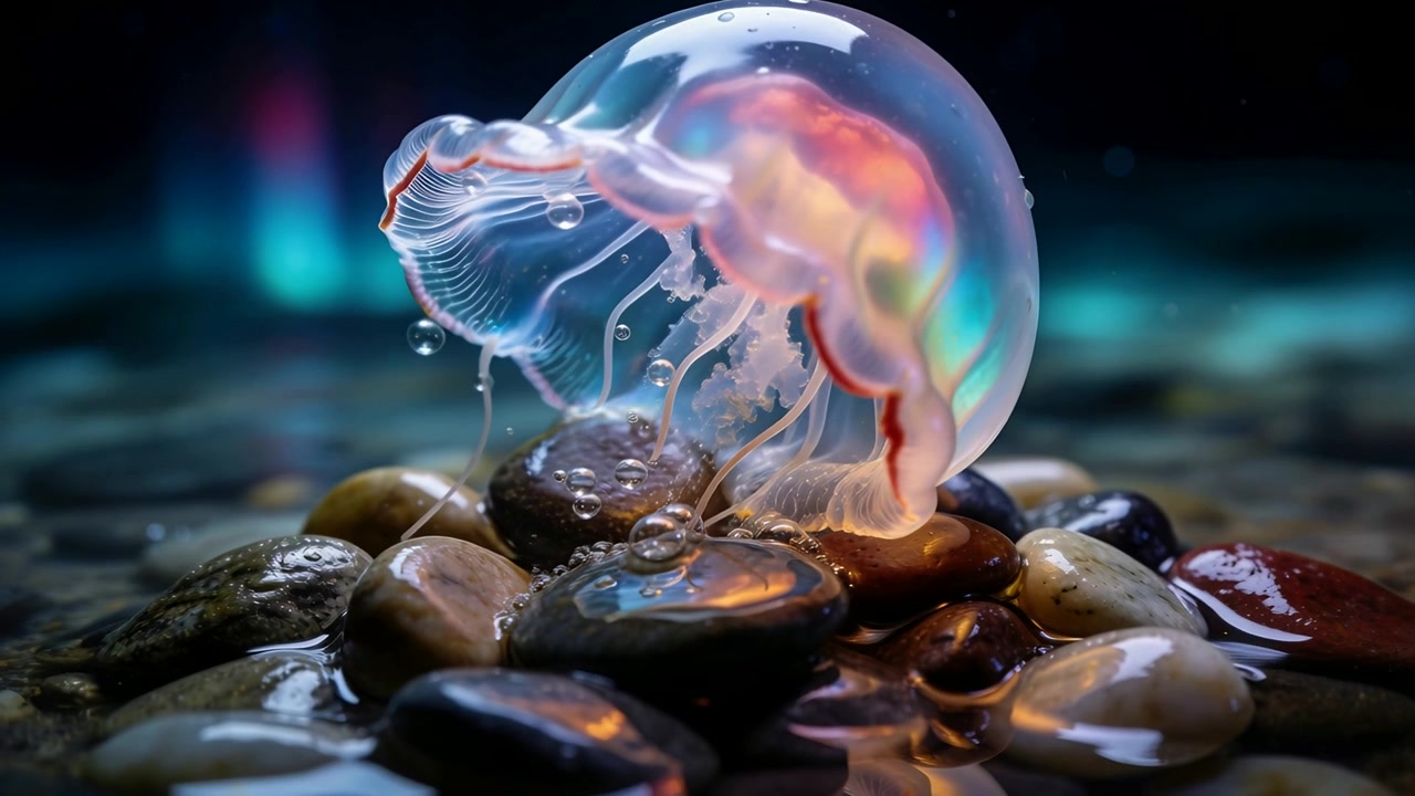 Pulsing translucent jellyfish from shifting reflections, tilting and forming bubbles on wet pebbles
