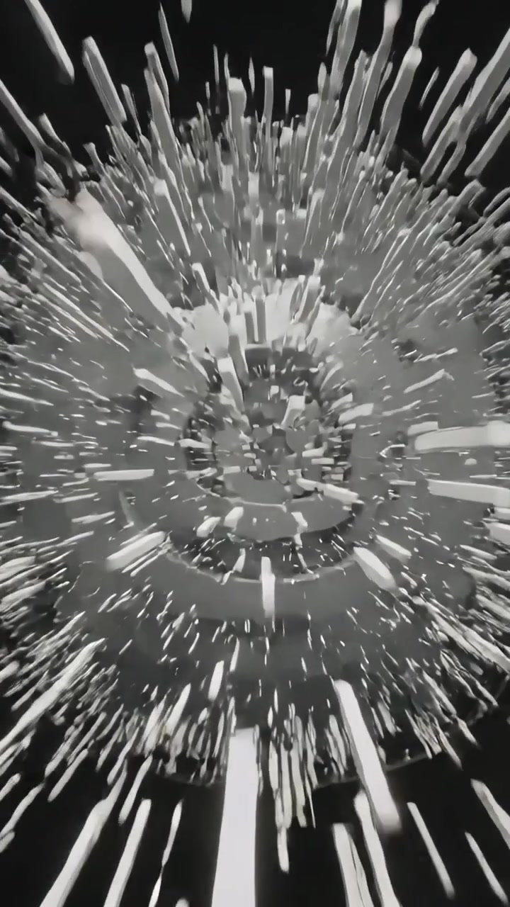 Vertical video: Projecting bars inward, ring tiers erupting shards and blocks through gray chamber