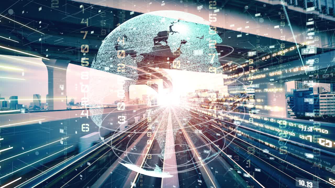 Futuristic global network and tacit digital data transfer 3D graphic