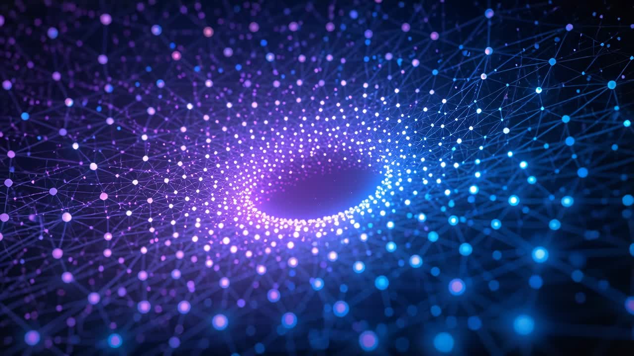 Un'ondata di luce accende dei nodi con linee che si fondono in un anello, delineando un vuoto toroide in una scena 3D, con una carrellata.