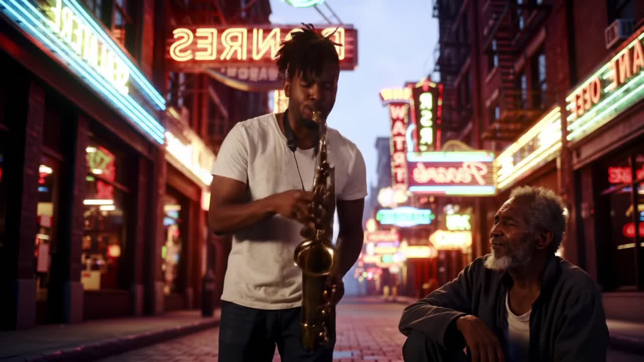 Dynamic Street Performance: A Young Musician Captivates the Audience with Soulful Saxophone Melodies in a Vibrant Urban Setting Under Neon Lights