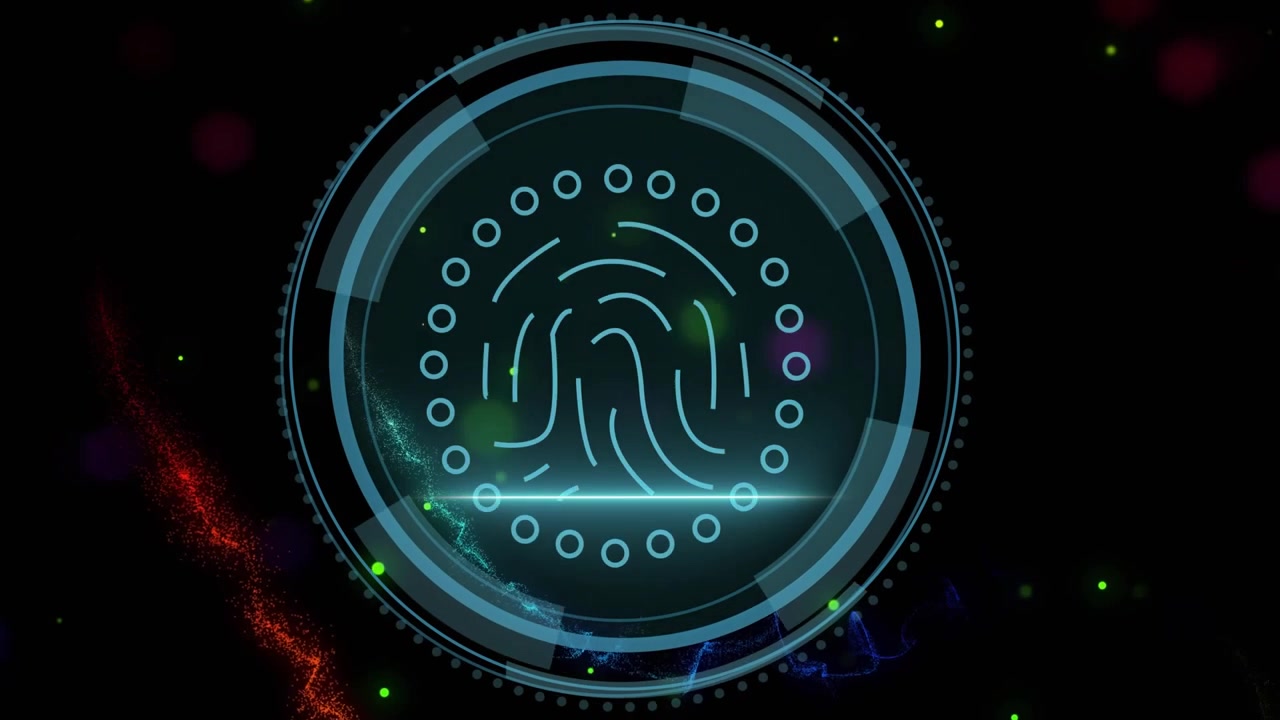 Ring forming around shield starting cyber HUD revealing fingerprint, scanning and granting access
