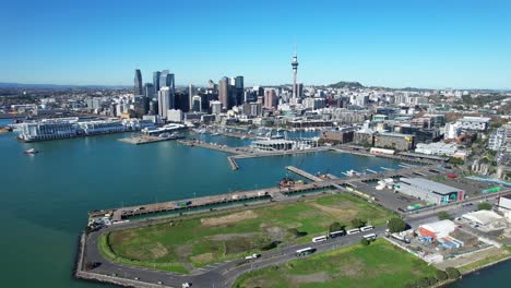 View-Of-Auckland-Skyline-From-Ferry-Terminal-In-Auckland,-North-Island,-New-Zealand