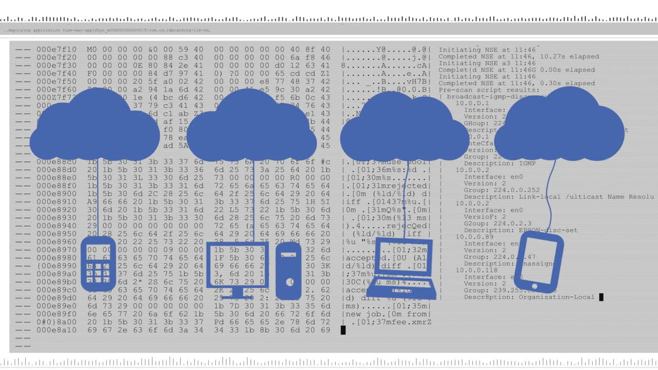 animación de iconos de nubes con dispositivos electrónicos y pantalla con procesamiento de datos por computadora