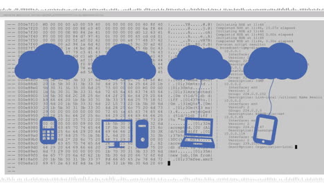 animación de iconos de nubes con dispositivos electrónicos y pantalla con procesamiento de datos por computadora