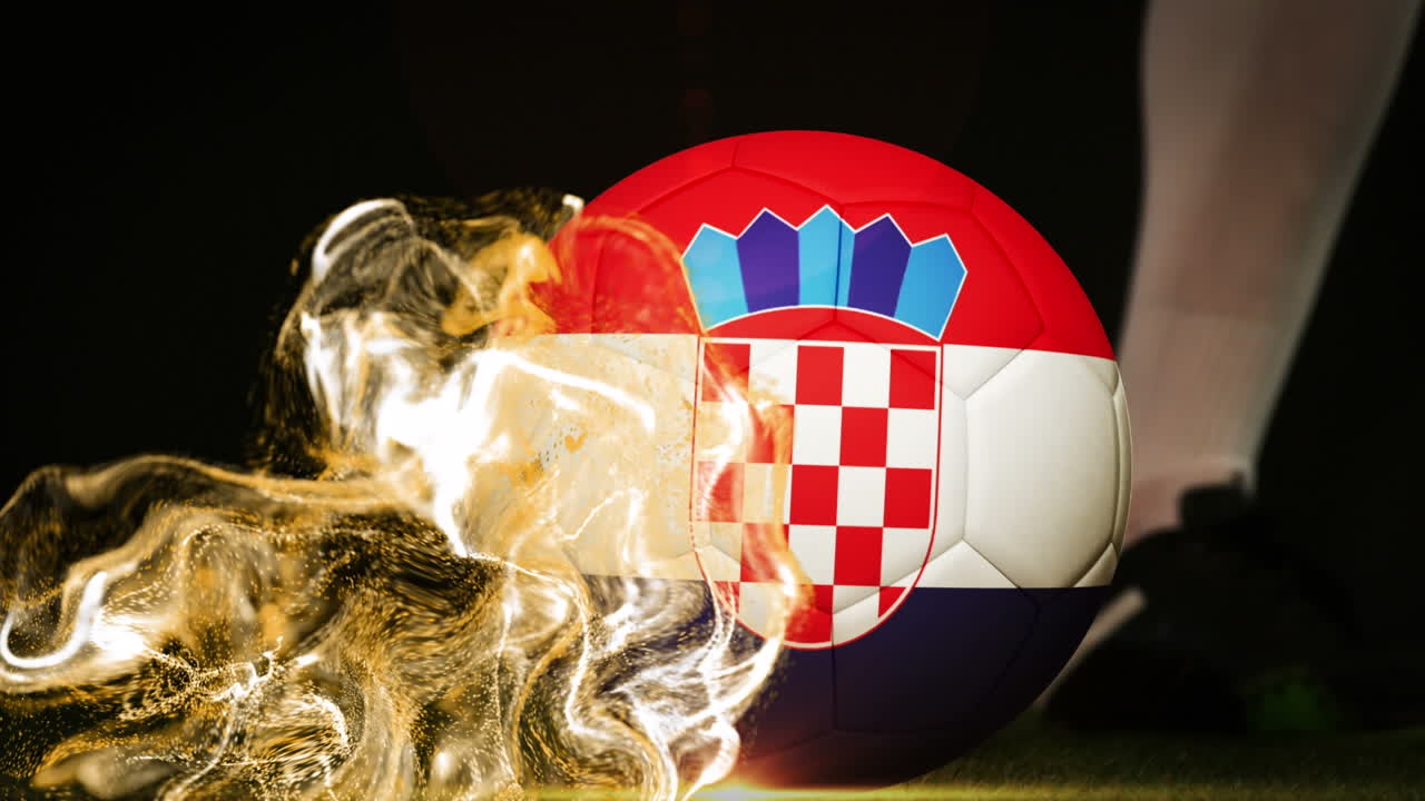 Animation of glitter over legs of caucasian male soccer player kicking ball with flag of croatia