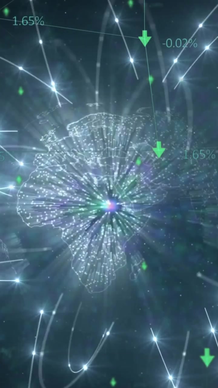 Animazione di una rete di connessioni e scie luminose incandescenti su un globo rotante su sfondo nero.