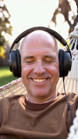 an older bald man relaxing in a hammock, listening with headphones over her ears.