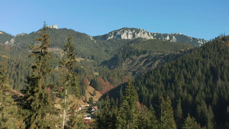 Forward-aerial-over-forest-towards-limestone-cliff-in-Hasmas-Mountains,-Romania