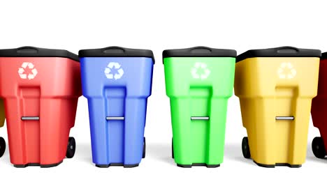 colored plastic trash bins set in a row.