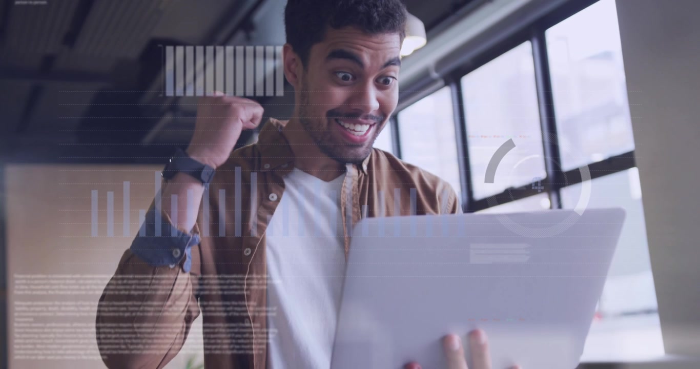 Animation of statistical data processing against man using laptop at office