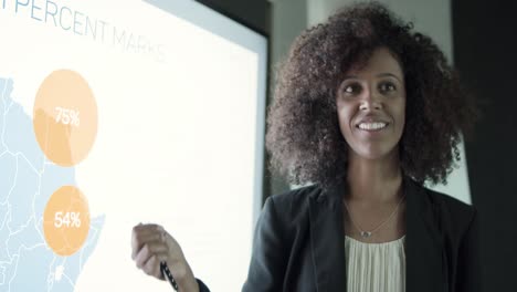 African American curly businesswoman presenting project