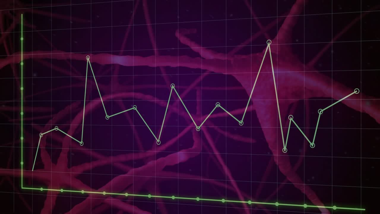 Grafici verde neon che si muovono su uno sfondo viola con marcatori circolari, forme neurali rosso-rosa in flat design.