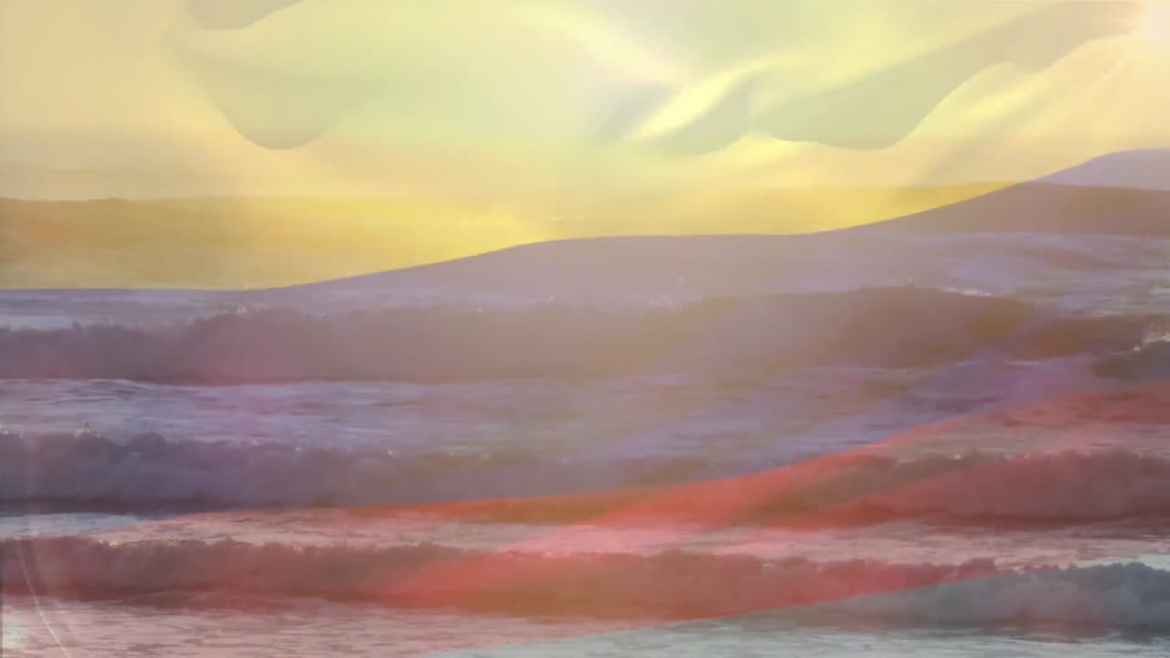 콜롬비아 의  ⁇ 발 이 구름진 하늘 과 바다 의 파도 위 에서 날아다니는 애니메이션