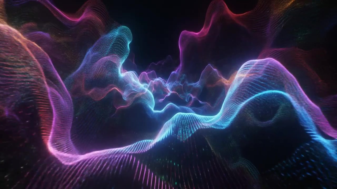 Abstract Digital Landscape with Glowing Neon Particle Waves