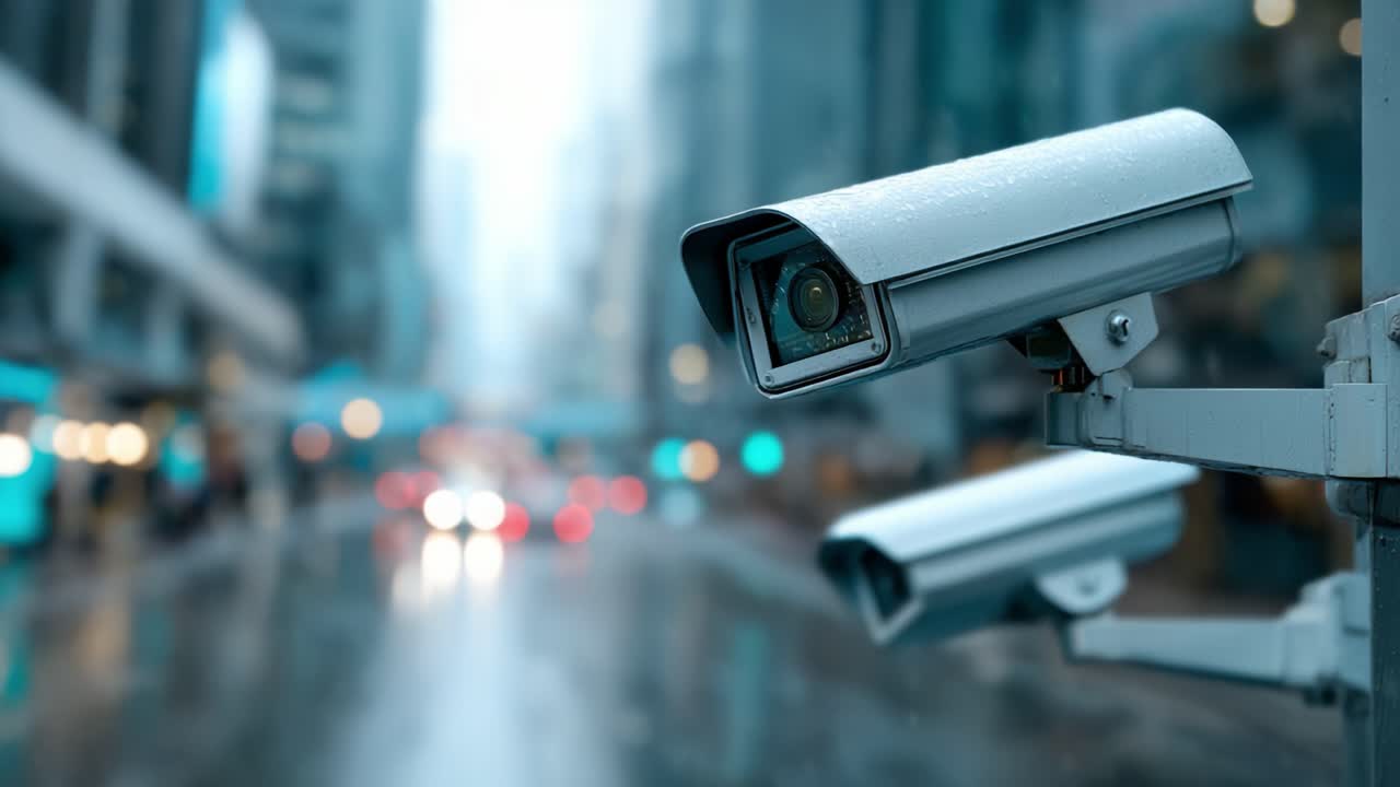 Monitoring Urban Landscapes: Surveillance Cameras Watching Over Rainy City Streets, Capturing Daily Life in a Dynamic Environment Filled with Motion and Activity