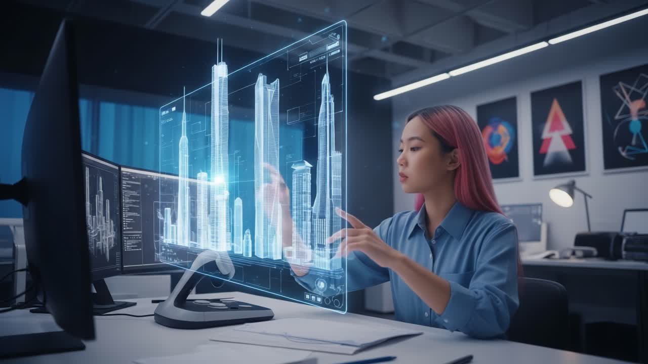 A focused professional utilizes advanced holographic technology to visualize and manipulate urban architecture, showcasing futuristic design concepts and digital planning techniques.