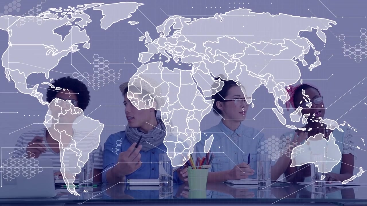 Diverse Business Team Collaborating in Modern Office with Digital World Map Overlay